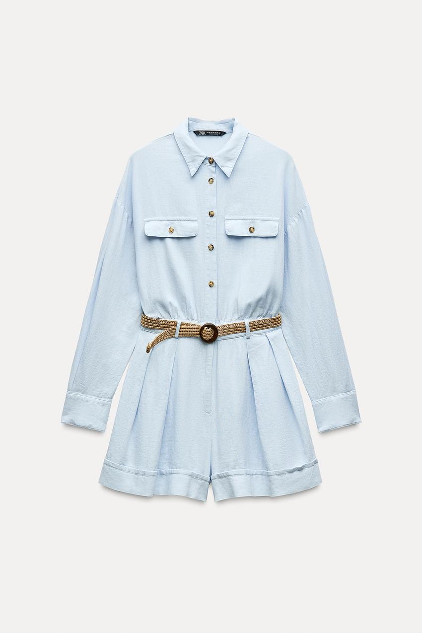Jumsuit Zara linen dài tay kèm belt
